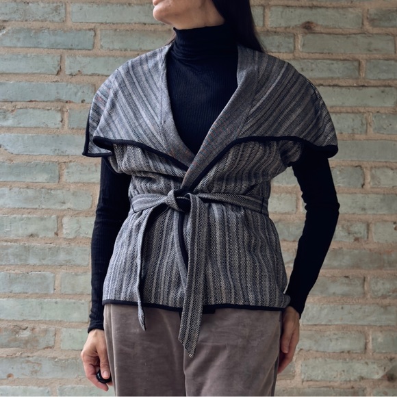 Dana Buchman Jacket Grey Herringbone Y2K Capelet Wide Collar Belt Tie Cardigan - Picture 1 of 14